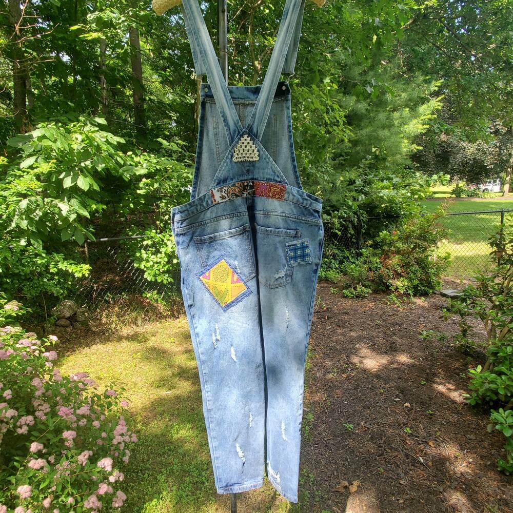 Refashioned Upcycled Patched and Distressed Boho‎ Overalls Handmade SzMed - Picture 5 of 13